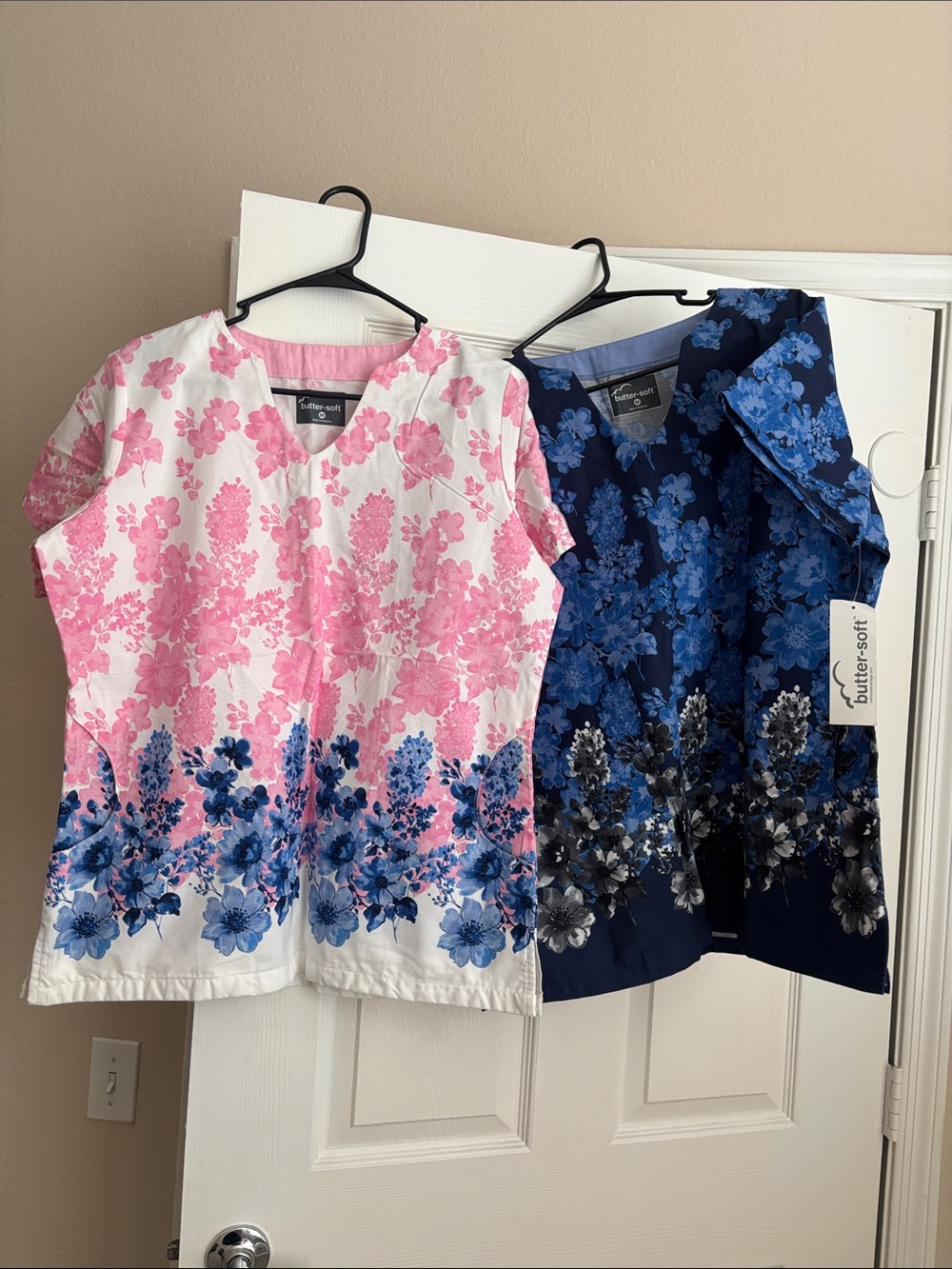 2 pack Butter-Soft Floral Scrub Top - Pink & Blue